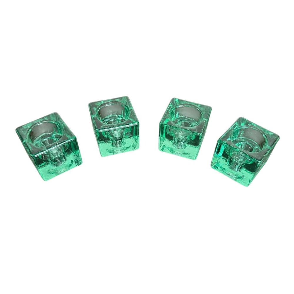 Heavy Glass Cube Candle Holders - Green Coloration - Set of Four